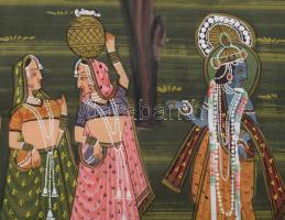 Jelzés nélkül, indiai művész: Jelenet. Vegyes technika, selyem, 52x38,5 cm