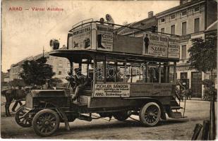 1909 Arad, Városi emeletes autóbusz, rajta Berczy Pál, Weinberger János, Schäffer Henrik, Weinberger Ferenc, Pichler Sándor, Fleischer Testvérek üzletének reklámja, Kereskedők Köre. Pichler Sándor saját kiadása / double-decker autobus with shop advertisements (EK)