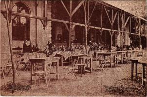 Püspökfürdő, Szentlászlófürdő, Baile 1 Mai (Nagyvárad, Oradea); Étterem és terasz zenekarral és vendégekkel. Tarsoly János kiadása, Kosmos nyomda / restaurant terrace with music band and guests (EK)