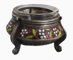 Zománcozott fém orosz fűszertartó, benne üveg betéttel 5 cm