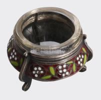 Zománcozott fém orosz fűszertartó, benne üveg betéttel 5 cm