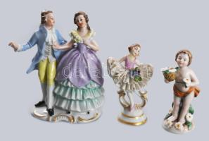 3 db kis porcelán figura, közötte jelzett, lány szoknyáján sérülések 6-10 cm