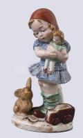 Wagner &amp; Apel Bertram babával játszó kislány nyúllal. Jelzett, kézzel festett, hibátlan, m: 12,5 cm