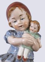 Wagner &amp; Apel Bertram babával játszó kislány nyúllal. Jelzett, kézzel festett, hibátlan, m: ...