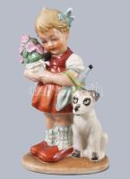 Wagner &amp; Apel Bertram kutyás kislány virágcsokorral. Jelzett, kézzel festett, hibátlan, m: 13 cm