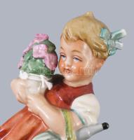 Wagner &amp; Apel Bertram kutyás kislány virágcsokorral. Jelzett, kézzel festett, hibátlan, m: 1...
