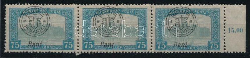 Nagyvárad 1919 Parlament 75f ívszéli 3-as csík a középső bélyegen fordított i betű, Bodor vizsgálójellel