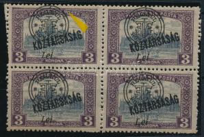 Nagyvárad 1919 Parlament / Köztársaság 3K 4-es tömb kihasadt kör lemezhibával, Bodor vizsgálójellel