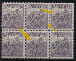 Nagyvárad 1919 Arató 15f 6-os tömb lemezhibákkal, Bodor vizsgálójellel