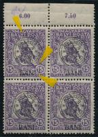 Nagyvárad 1919 Hadisegély 15f ívszéli 4-es tömb lemezhibákkal, Bodor vizsgálójellel