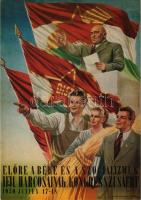 1950 Előre a béke és a szocializmus ifjú harcosainak kongresszusáért - Az egybeolvasztott ifjúsági szervezetek első közös kongresszusának plakátja, Rákosi, kommunista propaganda / communist propaganda s: Czeglédi-Bánhegyi - modern reprint (fl)