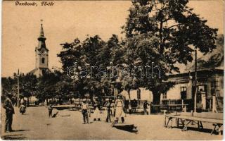 1931 Dombóvár, Fő tér, templom, üres piac. Vasúti levelezőlapárúsítás 19. sz. - 1918. (Rb)