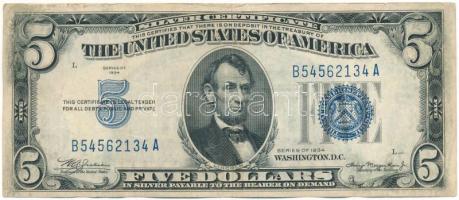 Amerikai Egyesült Államok 1934. 5$ "Silver Certificate - kisméretű" kék pecsét "William Alexander Julian, Henry Morgenthau" T:F restaurált USA 1934. 5 Dollars "Silver Certificate - Small size" blue seal "William Alexander Julian, Henry Morgenthau" (2pcs) C:F,VG spotted Krause P#414A