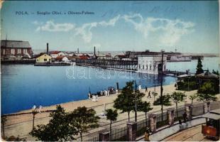 Pola, Pula; Scoglio Olivi / Olive-Felsen / Osztrák-Magyar Haditengerészet hajógyára, matrózok, villamos / Austro-Hungarian Navy, K.u.K. Kriegsmarine shipyard, tram, mariners. G. Fano Photochrom 1913. (kopott sarkak / worn corners)