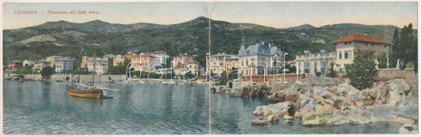 1911 Lovran, Lovrana; Panorama mit Café Adria / 2-részes kihajtható panorámalap, Adria kávéház és tengerpart / 2-tiled folding panoramacard with café and seashore
