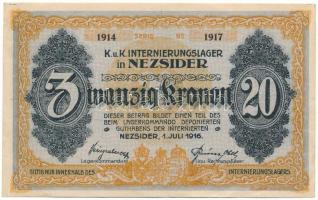 1916. Nezsider / hadifogolytábor 20K "1914 1917" sorszámmal, utólagos kiadás T:XF hajtatlan, gyűrődések Hungary / Nezsider (Neusiedl am See) / POW Camp 01.07.1916. 20 Kronen with "1914 1917" serial number, later edition C:XF unfolded, creases Adamo HHE-1.5.4