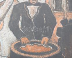 Scheiber H jelzéssel: Gesztenyesütők. Vegyes technika, karton. Plexiüvegezett fakeretben. 32,5x25 cm