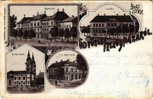 1898 (Vorläufer) Kiskunfélegyháza, Félegyháza; főgimnázium, városháza, Szt. István templom, Feuer Lajos palotája, Feuer Illés kölcsönkönyvtára és saját kiadása. Art Nouveau, floral, litho (fl)