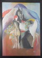Kádár Béla jelzéssel: Ló és lovas. Olaj, papír. Üvegezett fakeretben. 85x66 cm