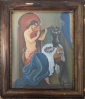 Kádár Béla jelzéssel: Hangszeren játszó hölgy. Olaj, karton. Üvegezett, sérült fakeretben, 68x56 cm