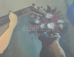 Kádár Béla jelzéssel: Hangszeren játszó hölgy. Olaj, karton. Üvegezett, sérült fakeretben, 68x56 cm