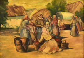 Jelzés nélkül, feltehetően a XX. sz. első felében működött magyar festő alkotása: Piaci forgatag. Olaj, vászon. Kissé sérült dekoratív fakeretben. 44x60,5 cm