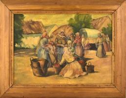 Jelzés nélkül, feltehetően a XX. sz. első felében működött magyar festő alkotása: Piaci forgatag. Ol...