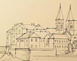 Varga Mátyás (1910-2002): Veszprémi panoráma, 1969. Tus, papír, jelzett, paszpartuban, 38×70 cm
