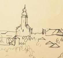 Varga Mátyás (1910-2002): Veszprémi panoráma, 1969. Tus, papír, jelzett, paszpartuban, 38×70 cm