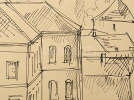 Varga Mátyás (1910-2002): Veszprémi panoráma, 1969. Tus, papír, jelzett, paszpartuban, 38×70 cm