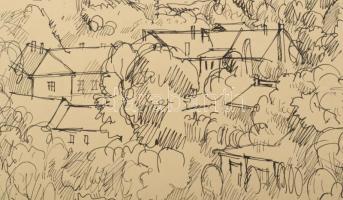 Varga Mátyás (1910-2002): Veszprémi panoráma, 1969. Tus, papír, jelzett, paszpartuban, 38×70 cm