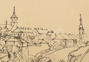 Varga Mátyás (1910-2002): Veszprémi panoráma, 1969. Tus, papír, jelzett, paszpartuban, 38×70 cm