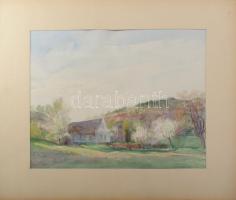 Varga Mátyás (1910-2002): Ábrahámhegy (Balatonfelvidék), 1955. Akvarell, papír, jelzett, paszpartuban, 34,5×44,5 cm