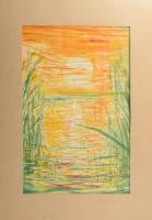 Varga Mátyás (1910-2002): Balatoni naplemente, 1955. Monotípia, papír, jelzett, paszpartuban, 37,5×24 cm