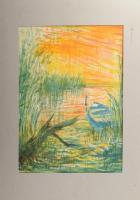 Varga Mátyás (1910-2002): Balatoni naplemente, 1965. Monotípia, papír, jelzett, paszpartuban, 38×28 cm