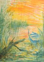 Varga Mátyás (1910-2002): Balatoni naplemente, 1965. Monotípia, papír, jelzett, paszpartuban, 38×28 ...