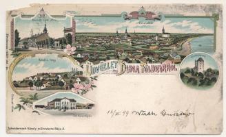 1899 (Vorläufer) Dunaföldvár, Szt. Háromság tér, Kálvária hegy, Kossuth Lajos utca, Csonka torony. Schwidernoch Károly műintézete Art Nouveua floral, litho (b)