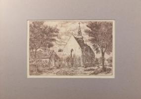 Varga Mátyás (1910-2002): Alsóvárosi templom (Szeged), 1981. Rézkarc, papír, jelzett, paszpartuban, 19×29 cm