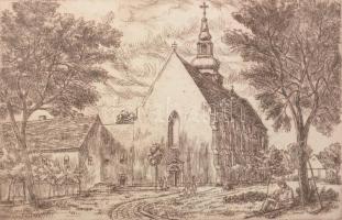 Varga Mátyás (1910-2002): Alsóvárosi templom (Szeged), 1981. Rézkarc, papír, jelzett, paszpartuban, ...