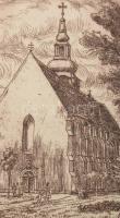 Varga Mátyás (1910-2002): Alsóvárosi templom (Szeged), 1981. Rézkarc, papír, jelzett, paszpartuban, ...