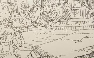 Varga Mátyás (1910-2002): F. Chopin szülőháza, 1967. Tus, toll, papír, jelzett, paszpartuban, 23×31 ...