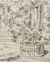 Varga Mátyás (1910-2002): F. Chopin szülőháza, 1967. Tus, toll, papír, jelzett, paszpartuban, 23×31 ...