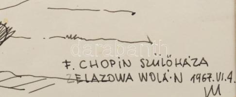 Varga Mátyás (1910-2002): F. Chopin szülőháza, 1967. Tus, toll, papír, jelzett, paszpartuban, 23×31 ...
