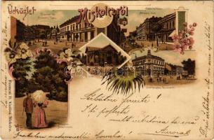 1898 (Vorläufer) Miskolc, Népkert, Erzsébet tér, gyógyszertár, Pavilon, Széchenyi utca, Városháza. Ferenczi B. Art Nouveau floral, litho (Rb)