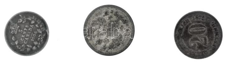 Vegyes: Kanada 1906. 5c Ag "VII. Eduárd" + Német Birodalom 1875F 20pf Ag + 1913. 10k Ag T:XF,VF Mixed: Canada 1906. 5 Cents Ag "Edward VII" + German Empire 1875F 20 Pfennig Ag + 1913. 10 Kopecks Ag C:XF,VF