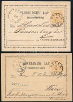 1873 2 db díjjegyes üzleti levelezőlap Gyuláról, Bécsbe illetve Temesvárra