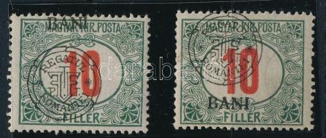 Nagyvárad 1919 Pirosszámú portó 2 db 10f eltolódott felülnyomással, Bodor vizsgálójellel