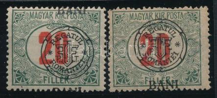 Nagyvárad 1919 Pirosszámú portó 2 db 20f eltolódott felülnyomással, Bodor vizsgálójellel