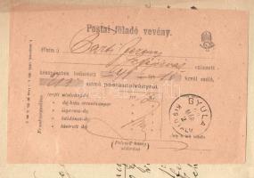 1893 Nyugtatvány postai feladó vevénnyel, illetékbélyegekkel, Székesfehérvárról Gyulára