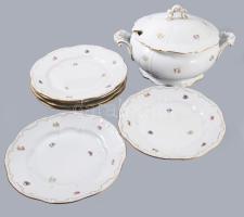 Zsolnay tollazott szélű 6 darab tányér és leveskínáló, kopott, jelzett.